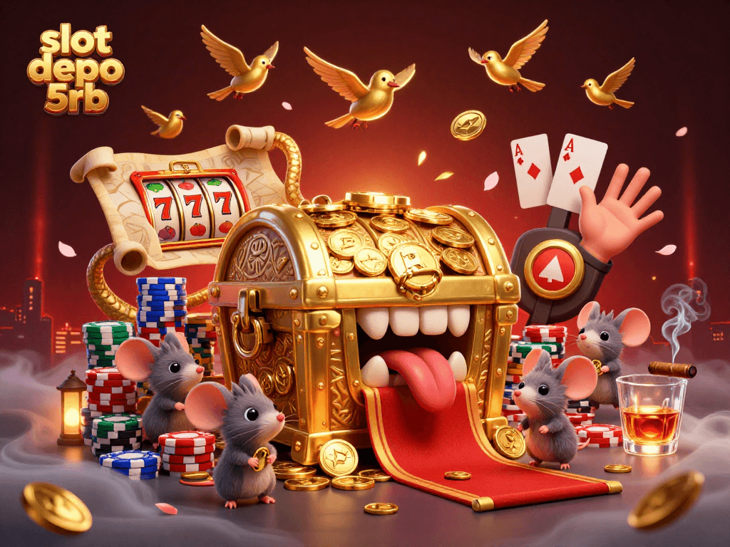 Engage with the slot depo 5rb scene featuring treasures, slot reels, and vibrant casino elements.