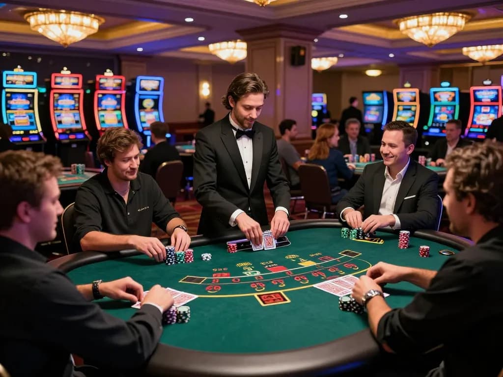 Players engage in thrilling tg88 blackjack game with chips and cards at bustling casino.