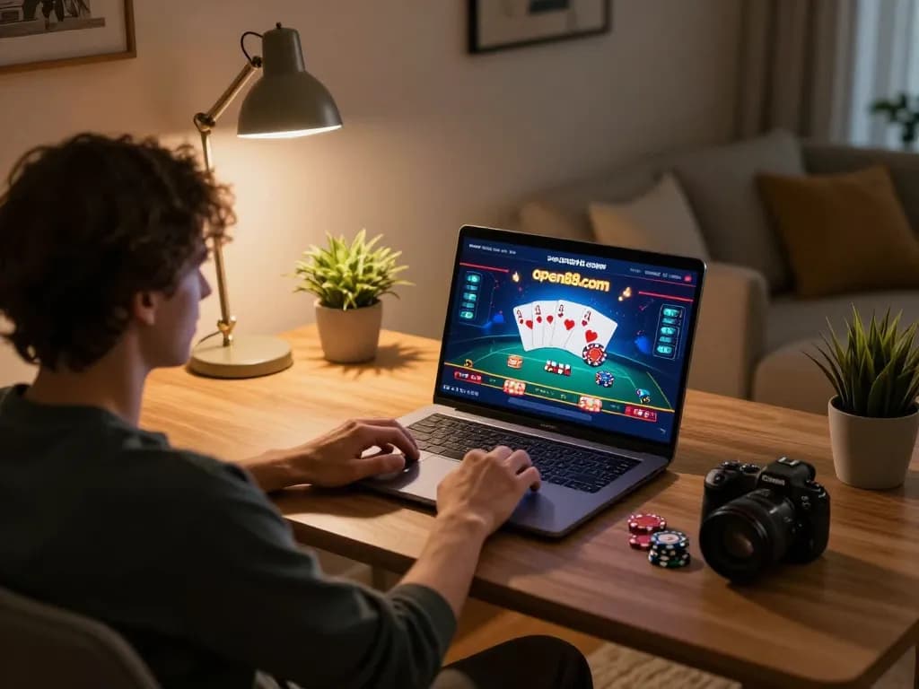 Engaging in online gambling on open88.com with vibrant poker graphics and a cozy setup.