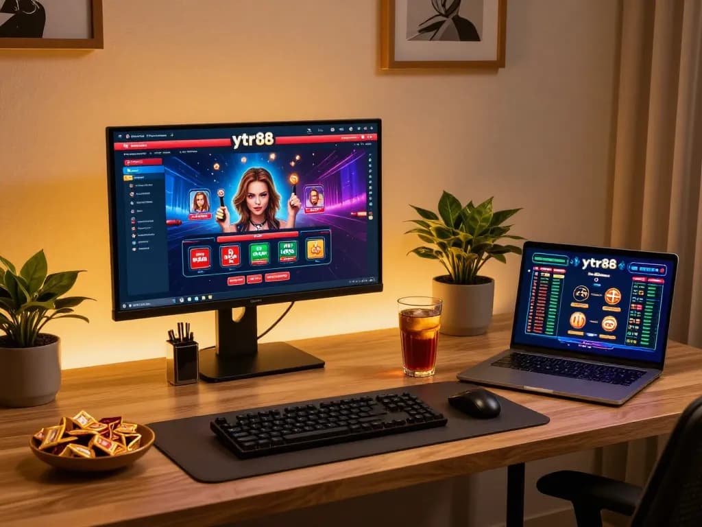 Player engaging with ytr88 online casino interface on a modern gaming desk.