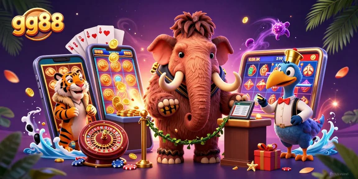 Engage with gg88's dynamic gaming world featuring a woolly mammoth bouncer, a saber-tooth VIP, and vibrant casino elements.
