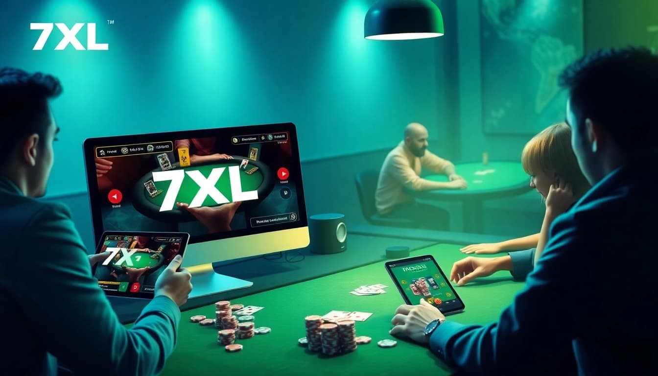 הדמיה ויזואלית של אפליקציית 7xl להורדה המדגישה את ההתרגשות בפוקר אונליין עם שחקנים על מכשירים דיגיטליים.