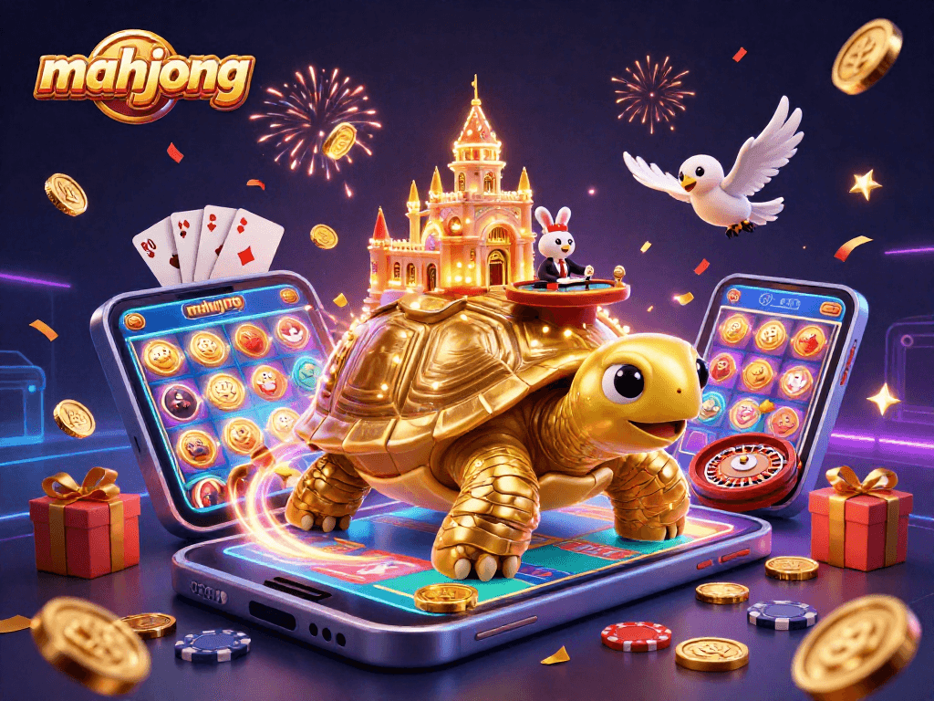 Engage in mahjong at a lively casino scene featuring a golden tortoise and a rabbit dealer.