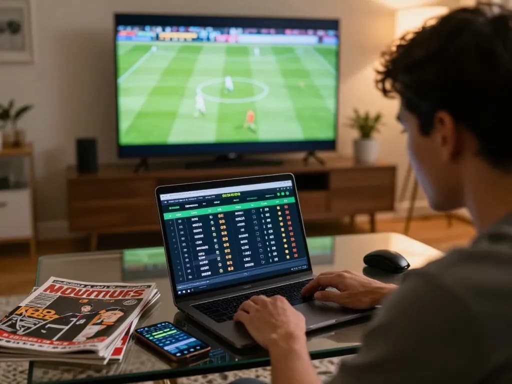 Engaging sports betting moment at home with Keonhacai5 insights on laptop and live game on TV.