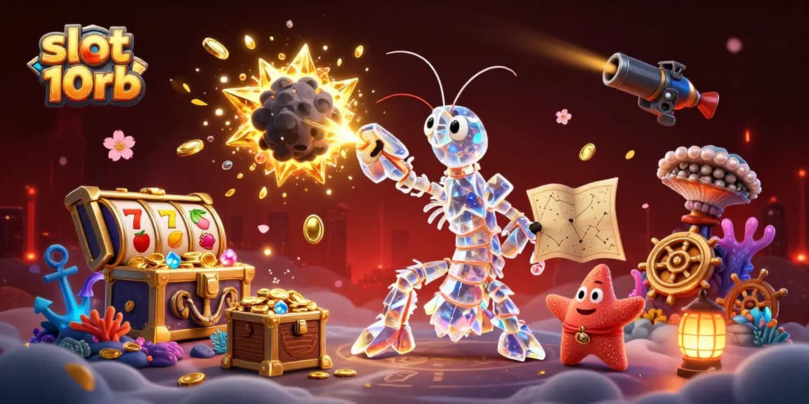 Engage with slot 10rb as the cartoon mantis shrimp battles for treasures in a vibrant casino scene.