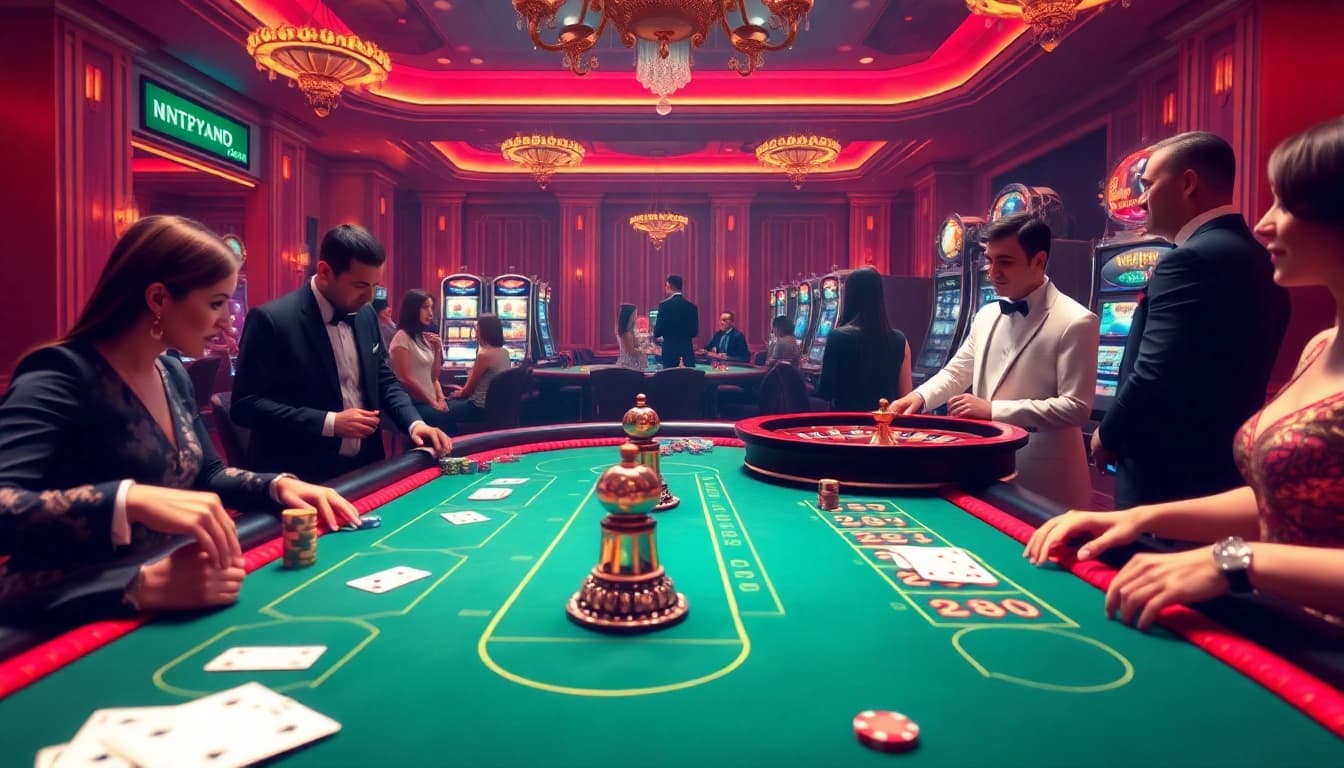 Experience thrilling gameplay at lc88 .com with luxury casino visuals showcasing poker chips, roulette wheels, and excited players.
