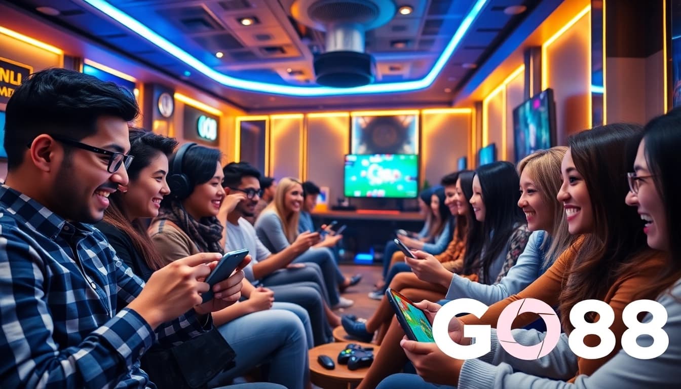Engaging players enjoying GO88 gaming on devices at a vibrant gaming lounge, emphasizing online gaming experience.