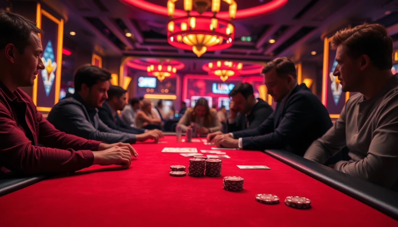 arushoki pemain poker terlibat di meja kasino yang cerah dan megah.
