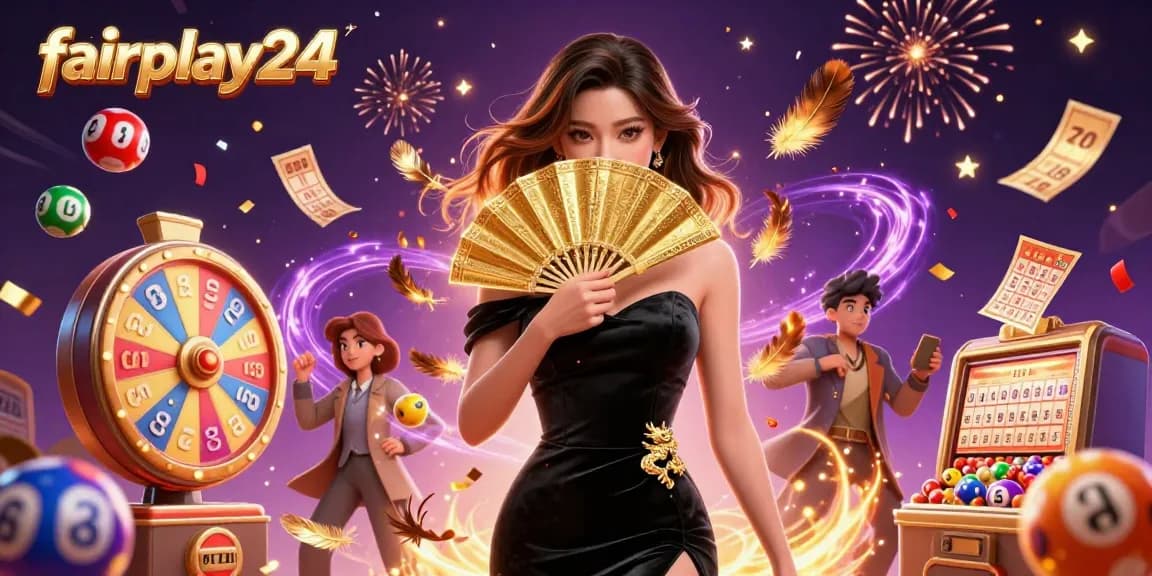 Experience excitement with fairplay24's stunning 3D digital illustration, showcasing vibrant lottery elements and captivating character detail.