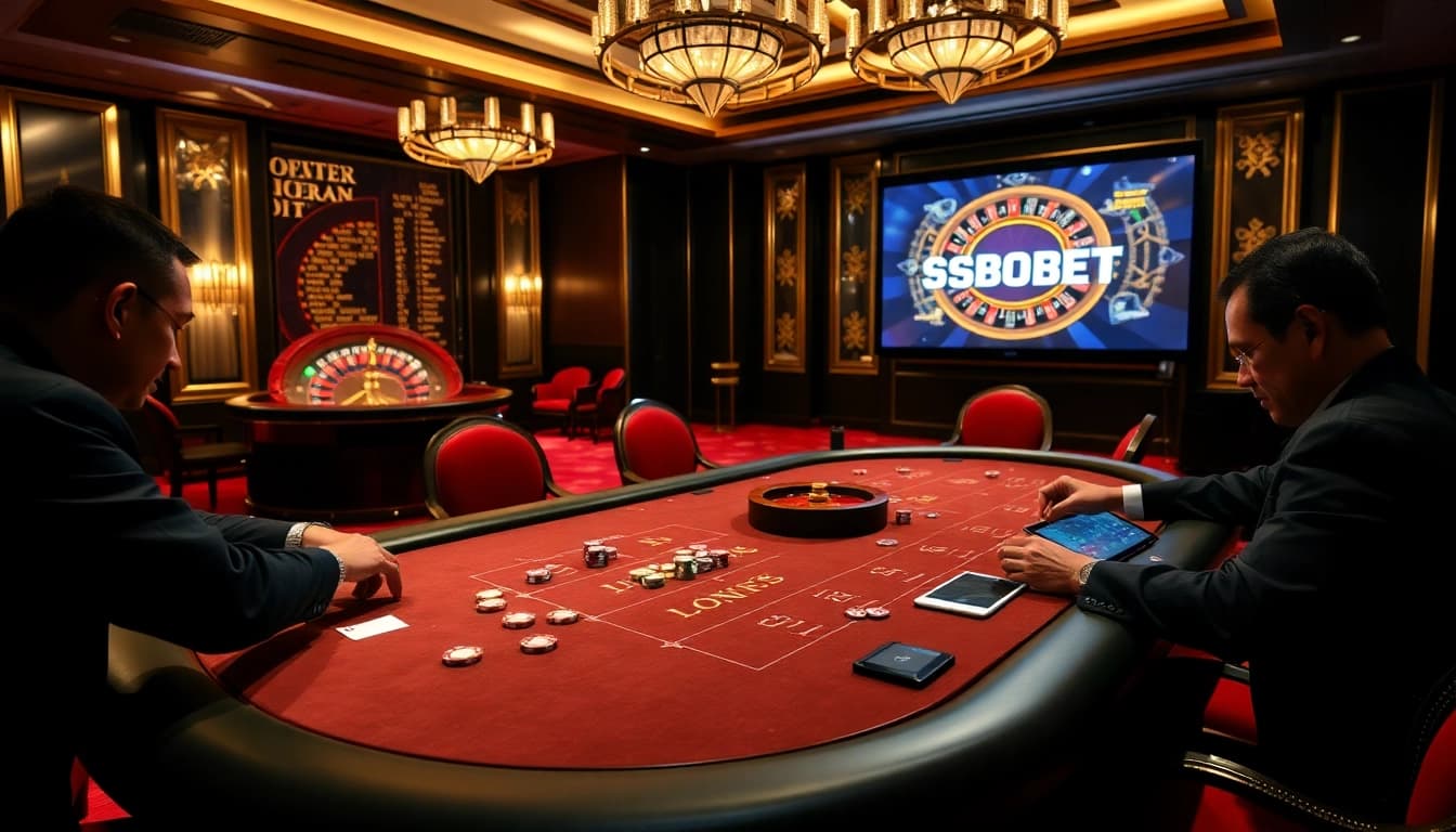 Sbobet login indonesia showcased in a thrilling casino scene with poker and roulette.