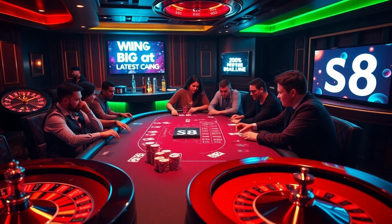 Engaged gamblers enjoying high-stakes poker at s8 com casino, vibrant chips, and cards in play.