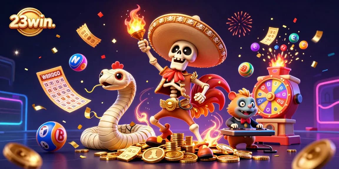 Engage with 23win. as the animated rooster celebrates victory surrounded by lottery excitement.