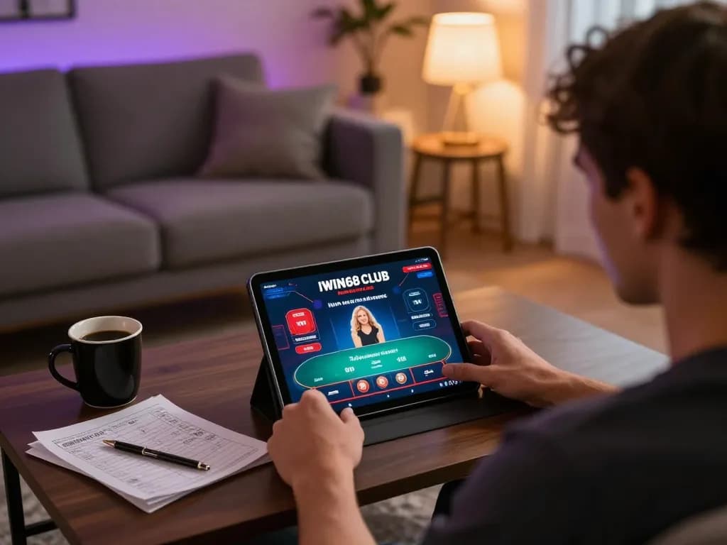 IWIN68 CLUB poker game interface displayed on tablet during evening gaming session at home
