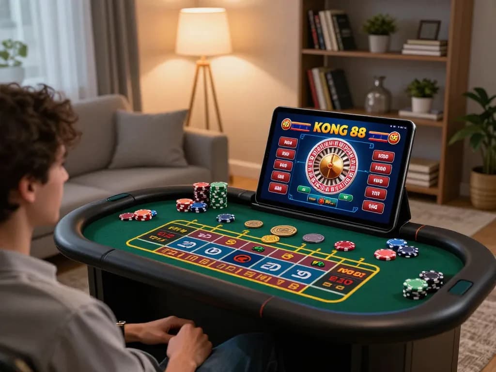 KONG 88 gaming experience with user engaged on tablet in a cozy living room.