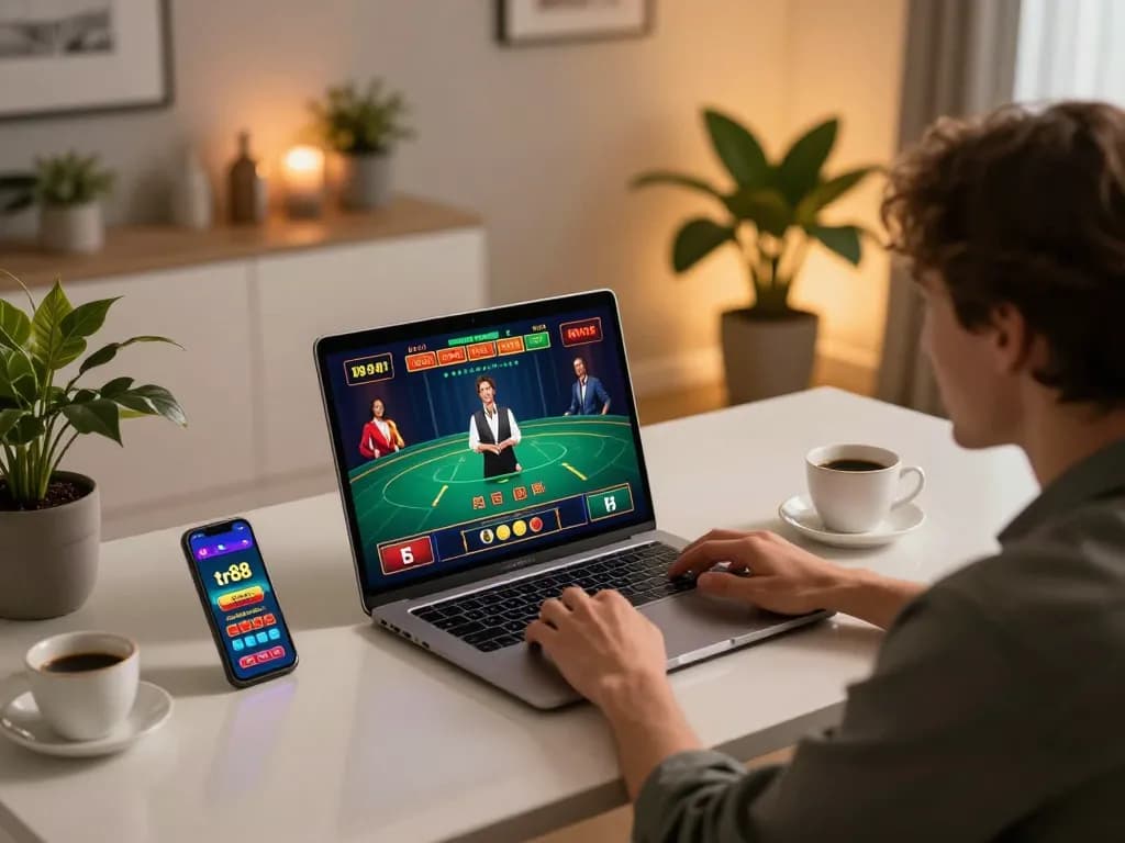 Engaged player using the tr88 casino app on a smartphone, immersed in online gaming.
