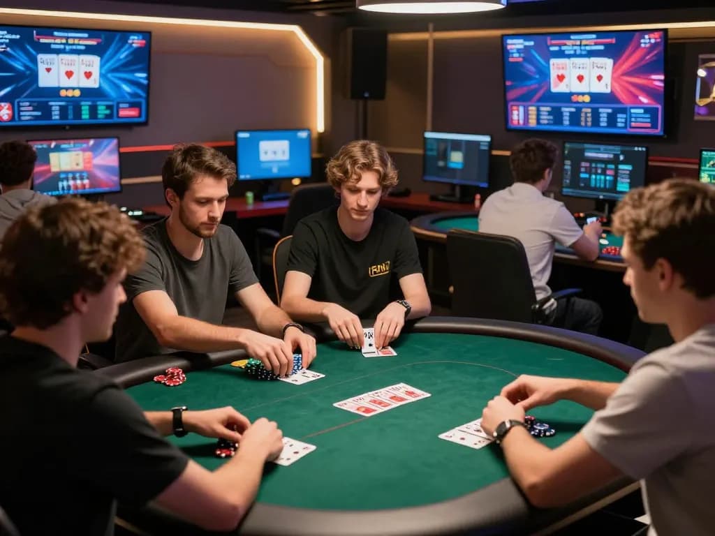 Engaging online poker action at nhà cái dh88 with players focused on their screens and vibrant game displays.