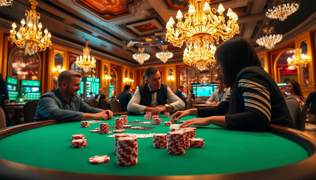 Menampilkan permainan kasino link T0812 dengan pemain yang serius di meja poker.