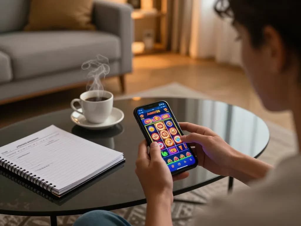 Memainkan aman788 slot gacor di smartphone dalam suasana rumah yang nyaman, menunjukkan kebiasaan bermain yang bertanggung jawab.