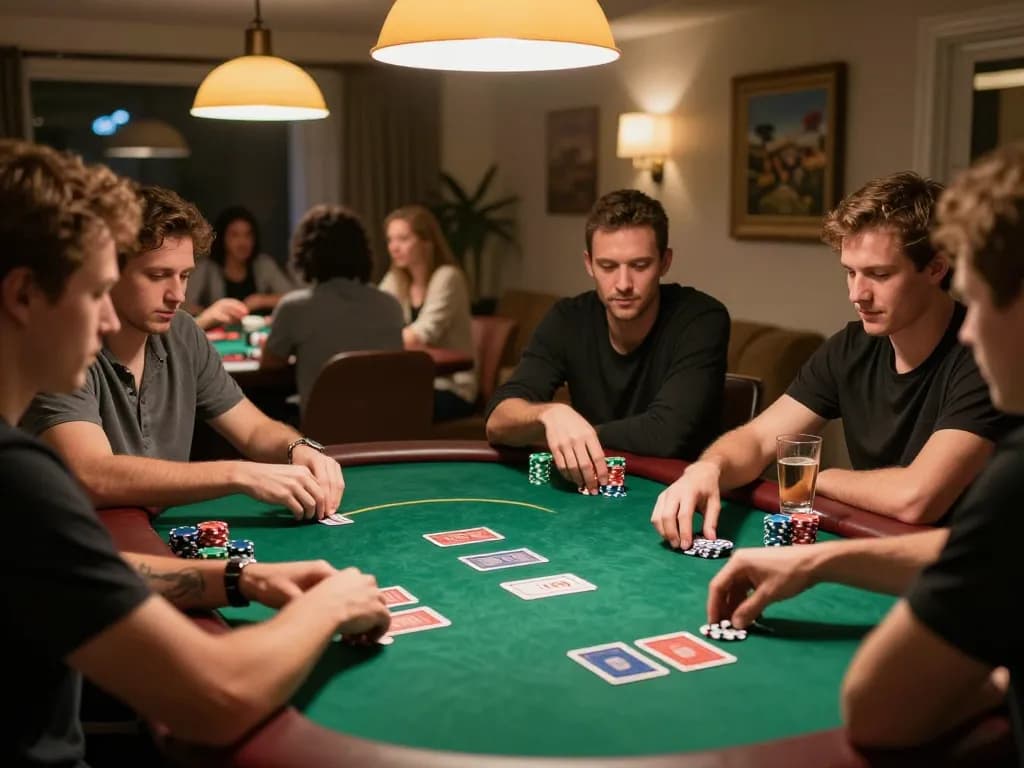 Players enjoying a strategic poker game at a cozy home setting, featuring lc88vina atmosphere.