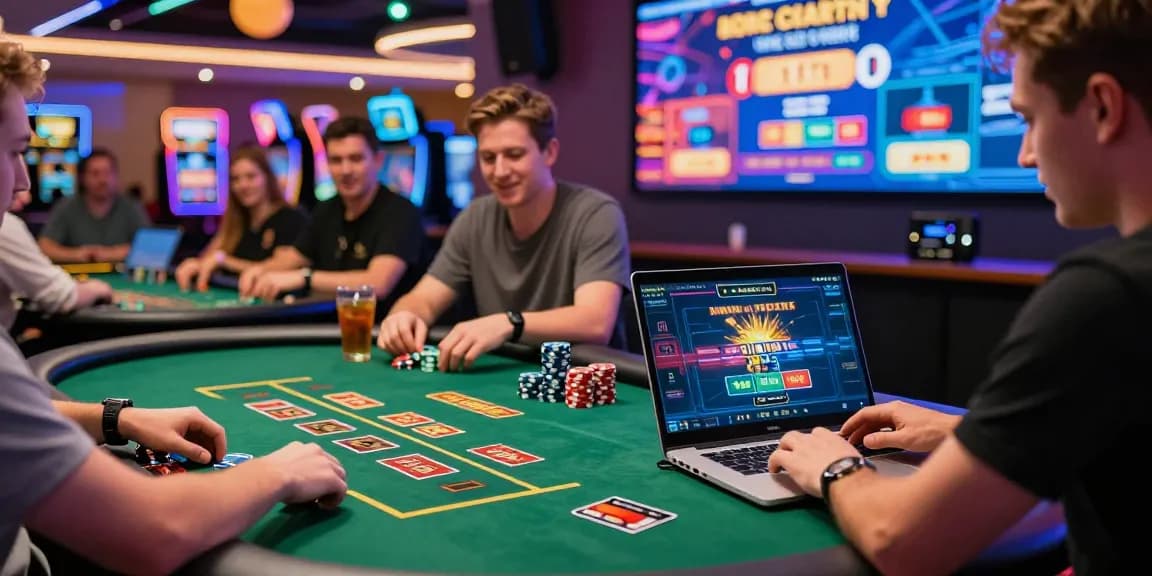 Excited players enjoying their favorite credit card casinos online, vibrant casino atmosphere with colorful gaming lights.