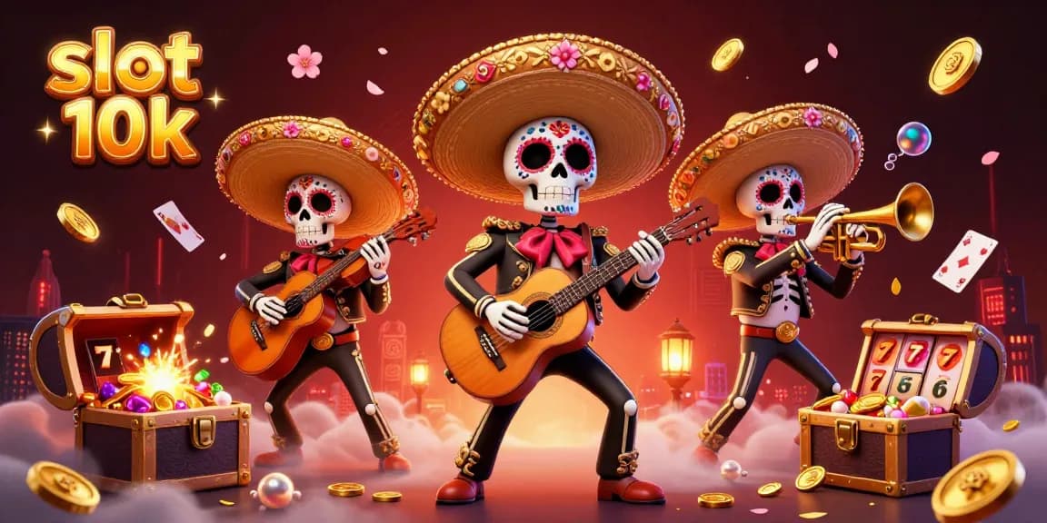 Experience excitement with slot 10k in this vibrant Day of the Dead casino scene filled with colorful elements.