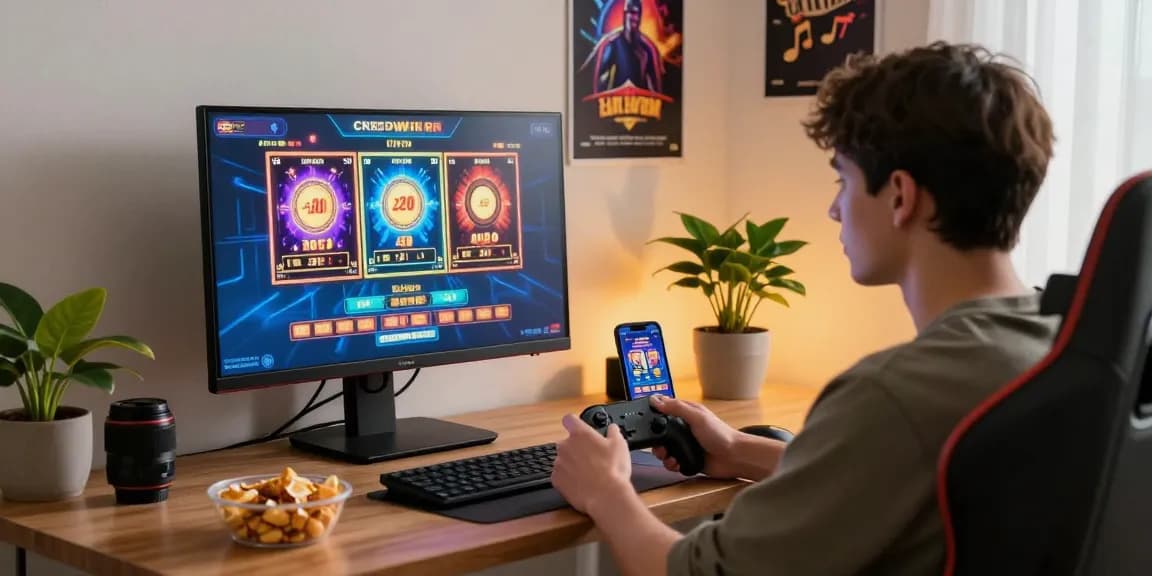 Player enjoying games at a credit card casino connected with https://dea.org.uk, showcasing vibrant slots and a modern gaming setup.