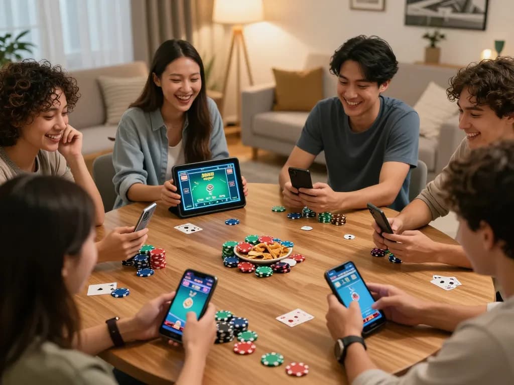 Friends enjoying strategic gameplay on Sun win during a cozy home poker night