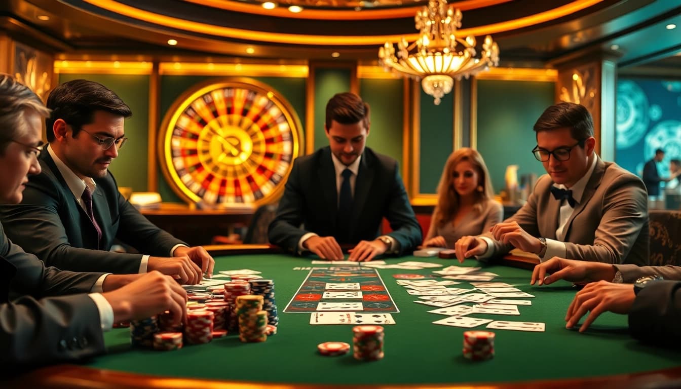 Gamblers at a poker table in a luxurious casino setting featuring KK55 themed poker chips.