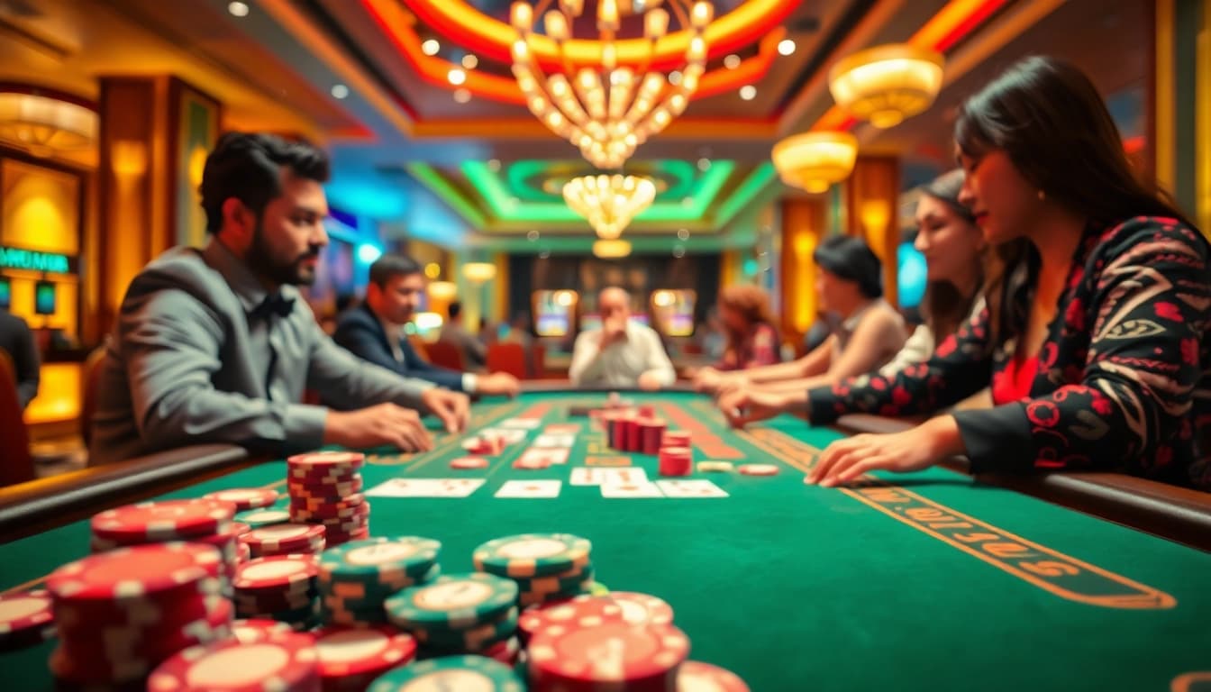 Permainan bandar togel yang menarik dengan meja kasino berwarna-warni dan pemain yang terlibat.