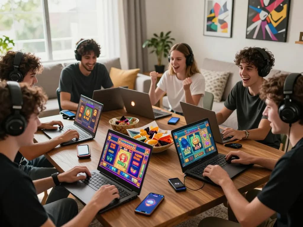 Players enjoying interactive slot games on zeus138 platform in a vibrant home setting, engaging and immersive experience.