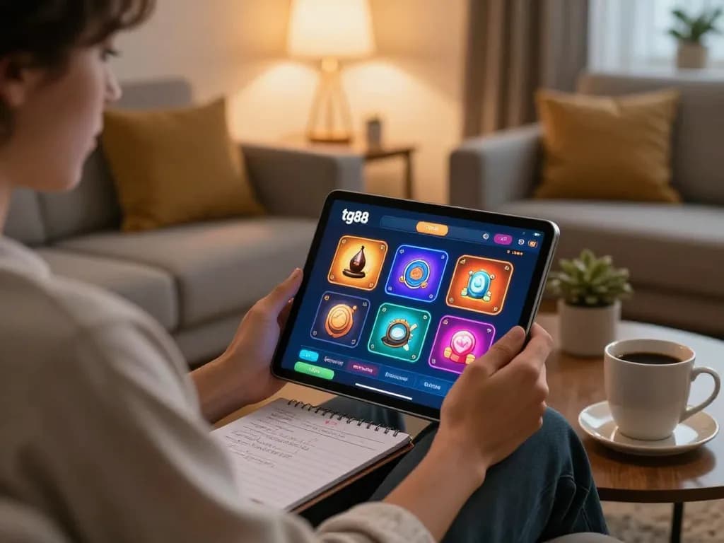 Engaged user playing tg88 online casino on a tablet in a cozy living room setting.