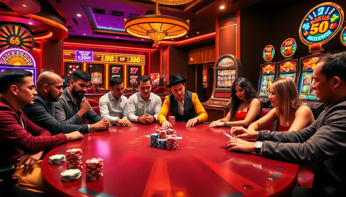 Engage with thrilling poker action at 78WIN, featuring players and colorful chips in a luxury casino setting.