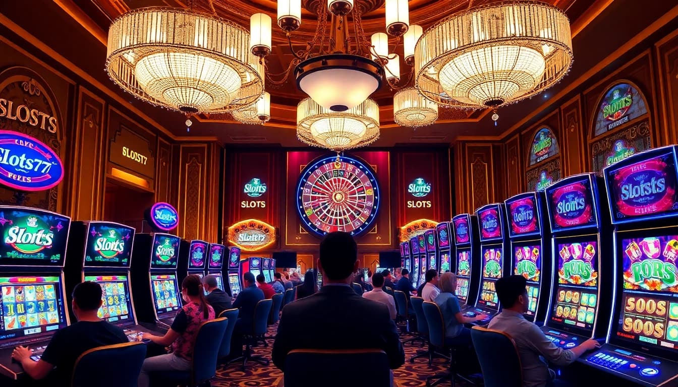Experience the excitement of slots777 in a vibrant casino scene filled with players enjoying slot machines.