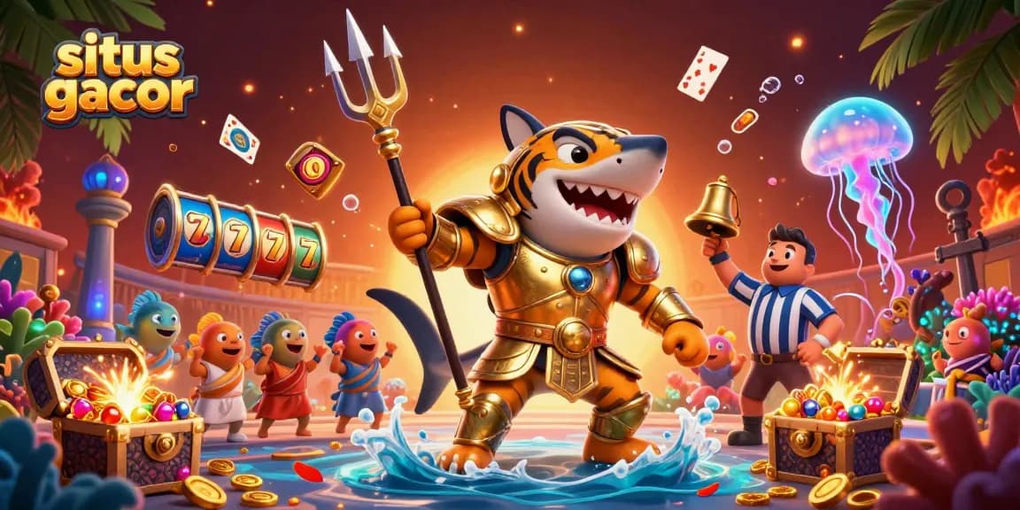 Engage with the situs gacor underwater casino adventure featuring a shark gladiator and casino treasures.