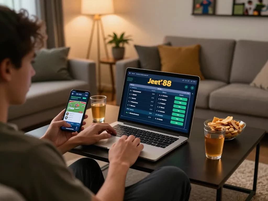 Person placing bets on Jeetbuzz 88 app while enjoying a casual sports viewing experience.