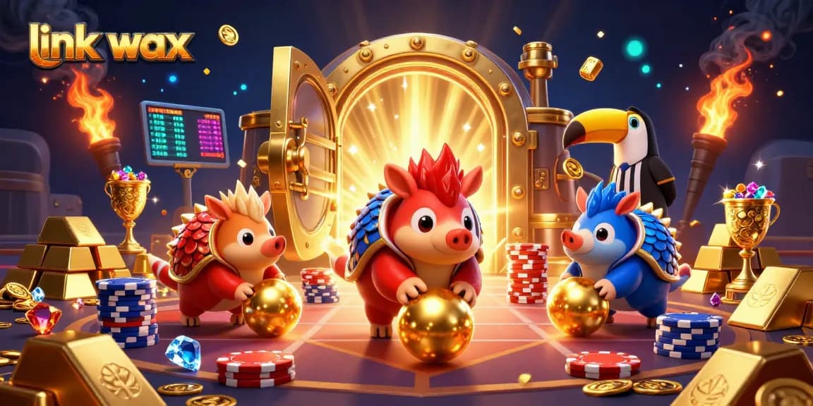 Experience thrilling fun at link vmax with vibrant pangolins in a casino scene filled with golden treasures and poker chips.