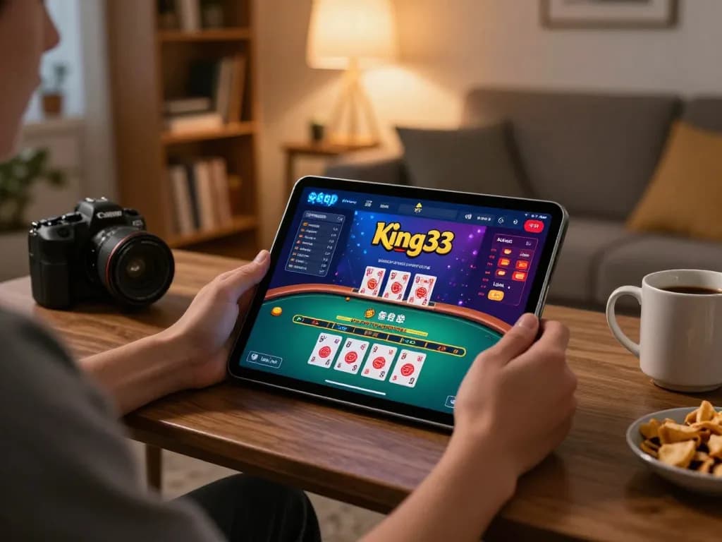 Enjoying live dealer games on king33 with tablet in a cozy living room