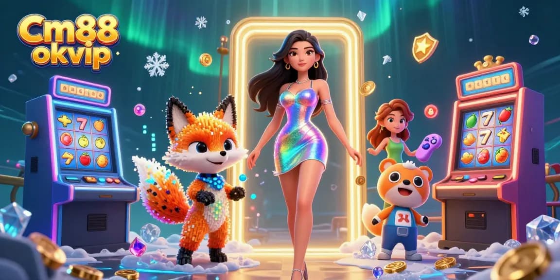 Engage with Cm88 okvip in a vibrant 3D casino scene featuring slot machines and a digital fox.
