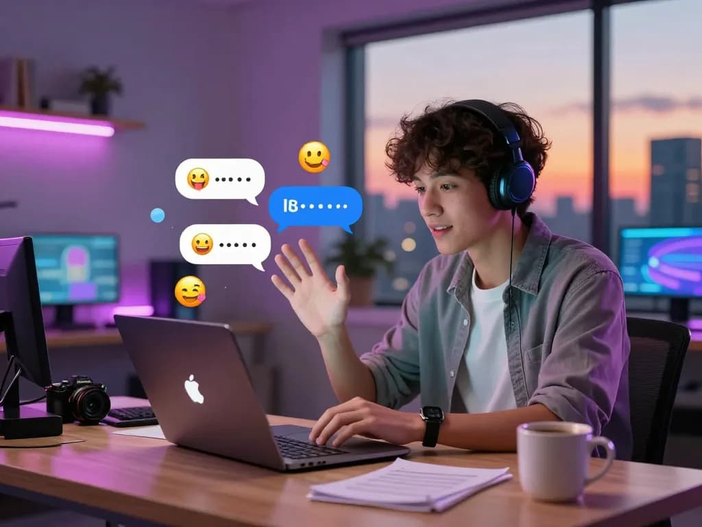 Engaging 18+ AI interactive chat scene showcasing youthful interaction with a virtual character in a stylish workspace.