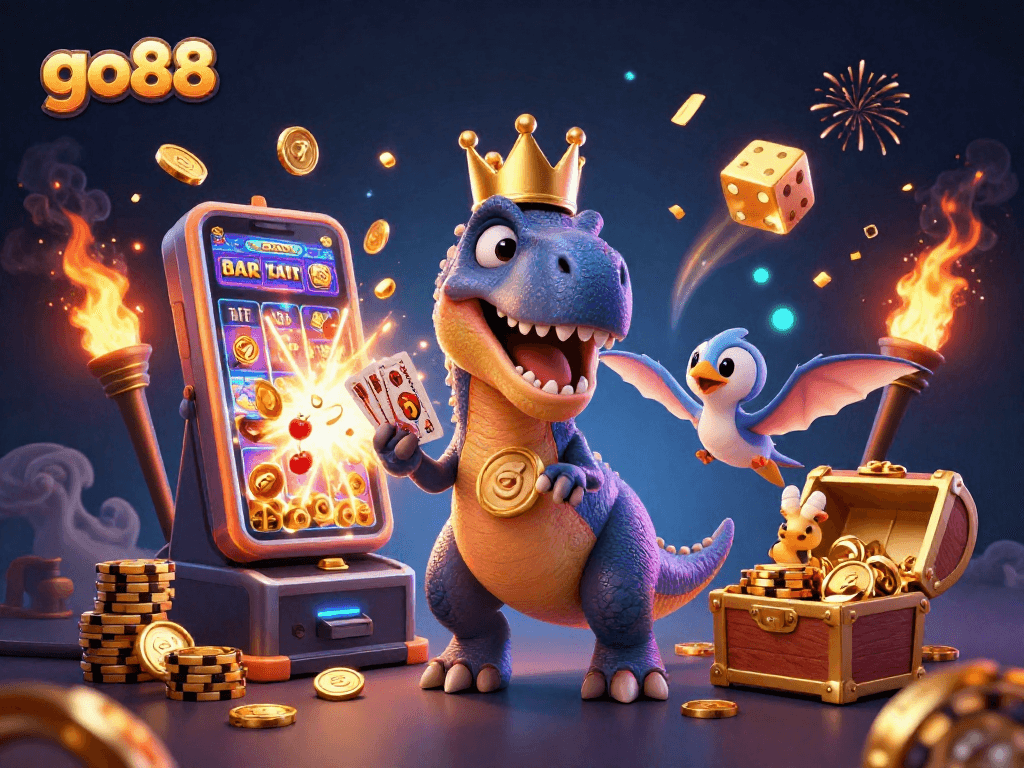 Engage with go88's vibrant casino scene featuring a friendly T-Rex and spectacular jackpots.