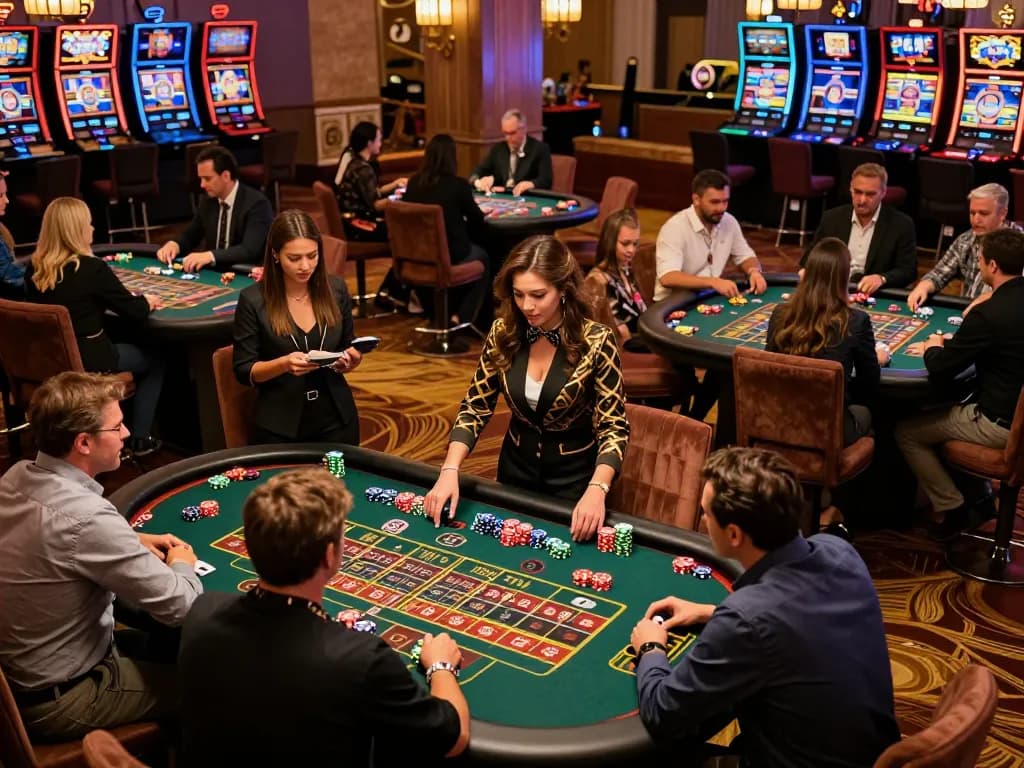 Players engaging in heated roulette action at a stylish casino with warm lighting and colorful chips, z16 excitement captured.