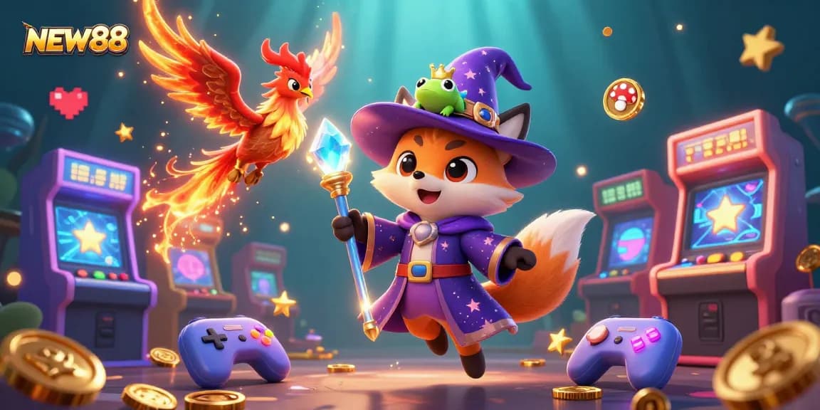 Experience the excitement of gambling with NEW88 in this vibrant 3D cartoon scene featuring mystical characters and casino elements.