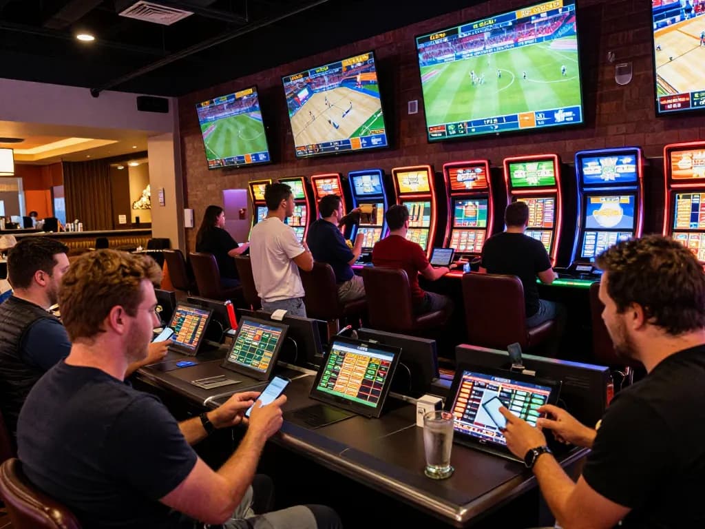 Engaging sports betting scene showcasing tin soi kèo at a lively casino sportsbook with excited patrons.