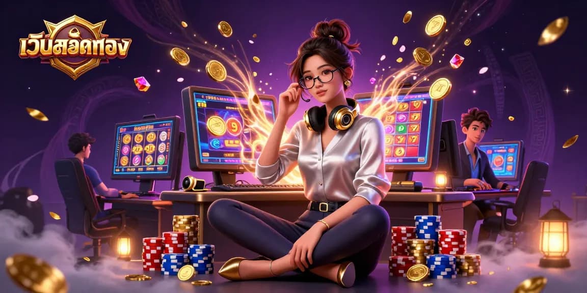 Experience เว็บสล็อตตรง with a dynamic 3D illustration of gaming excitement and slot adventures.
