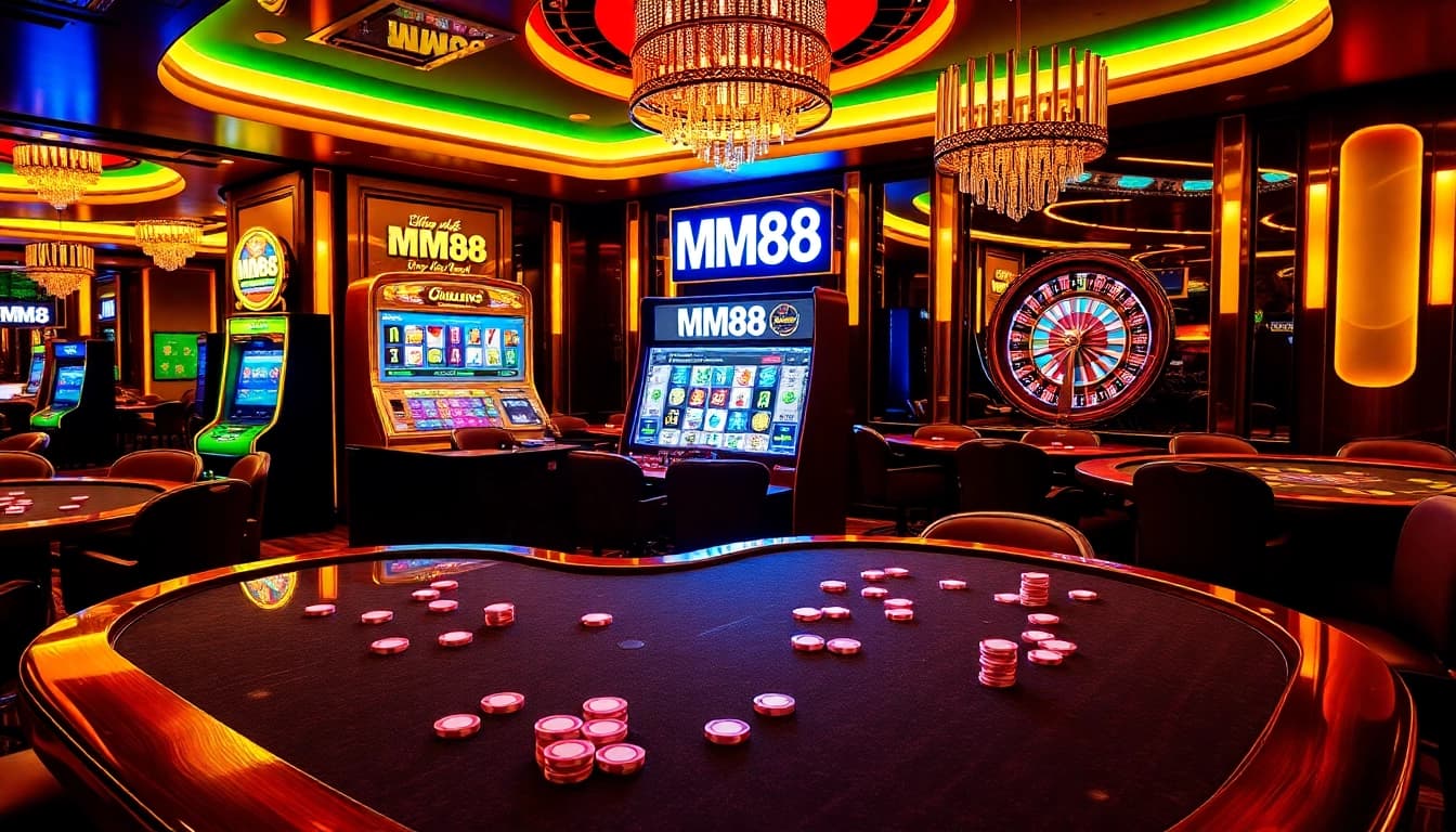 Experience the thrill of MM88 with polished casino tables and vibrant poker chips.