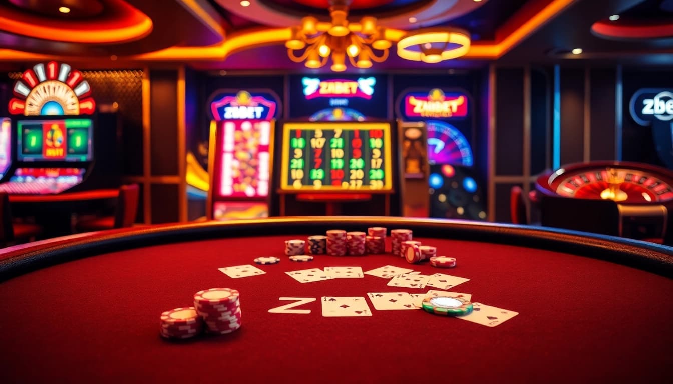 Experience excitement at ZBET's poker table with vibrant chips and cards.