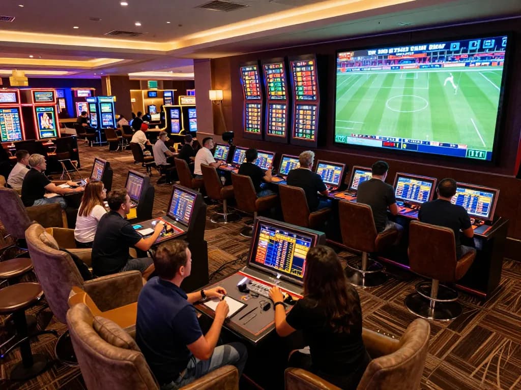 Engaged patrons checking keo nha cai odds in a lively casino sports betting lounge.