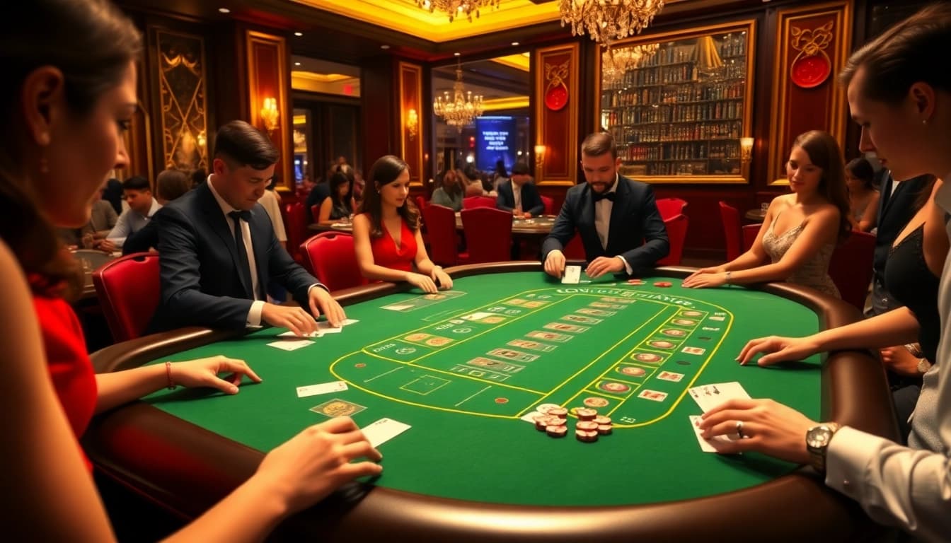 Experience the excitement of casino mm88 with a luxurious baccarat gaming scene featuring elegant players.