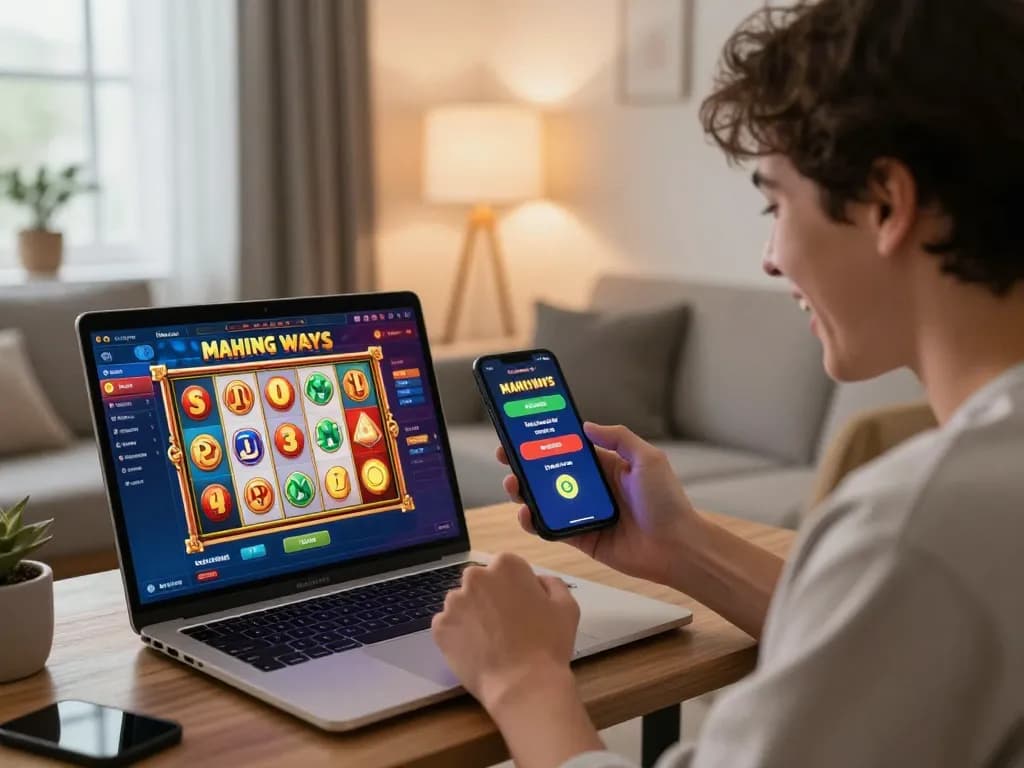 Player wins on Tempo 123 online slots, celebrating with excitement in a cozy home setting.
