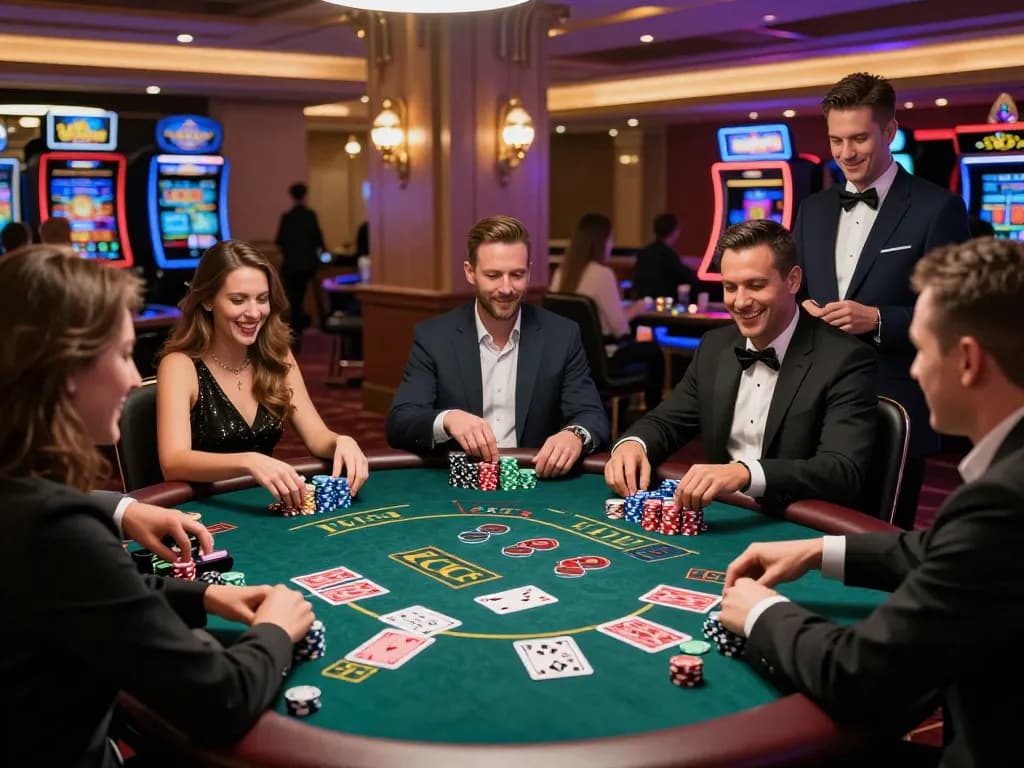 Exciting group enjoying free credit baccarat at a luxurious casino gaming table with a live dealer.